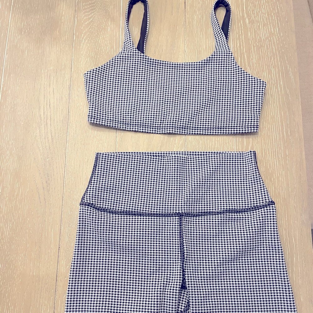 ALO YOGA bra and short set in gingham/checkered black and white print in size M.